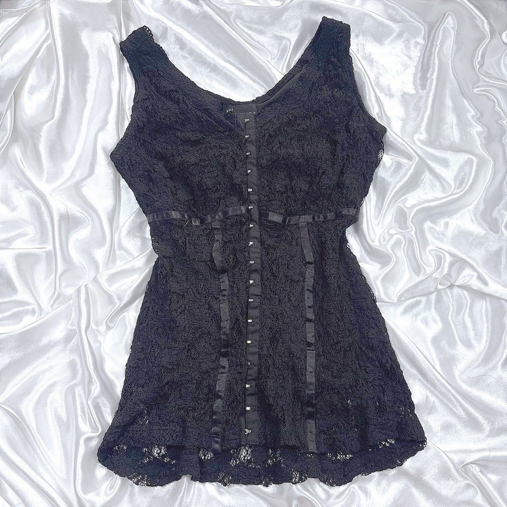 y2k Lace Corset Top Black Excellent NY Collection Hook and Eye Ribbon Trim Tank
